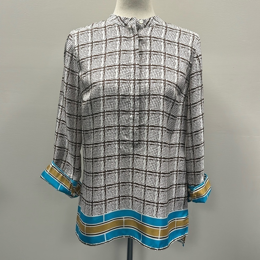 J. Crew Womens Silk Tunic Top Windowpane Print Sz Small Print Preppy Boho Chic